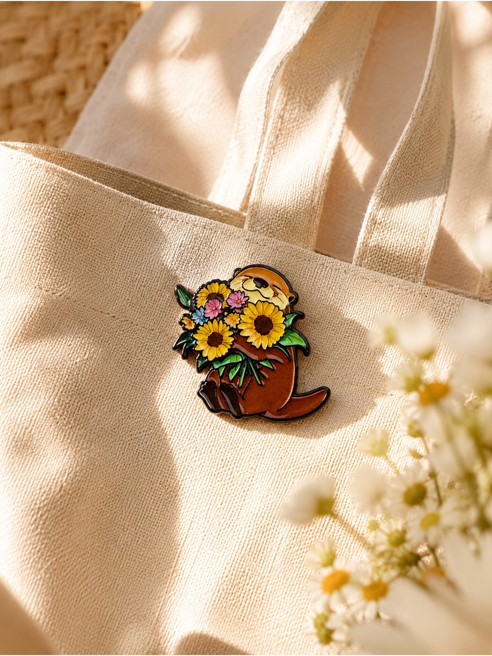 Otter Holding Sunflower Bouquet Enamel Brooch Pin